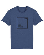 Lade das Bild in den Galerie-Viewer, Unisex INTO HUMANS T-Shirt in blau meliert mit schwarzem Rahmen Aufdruck und dem Aufdruck INTO HUMANS. SXW Logo oben am Rand. 100% Biobaumwolle 
